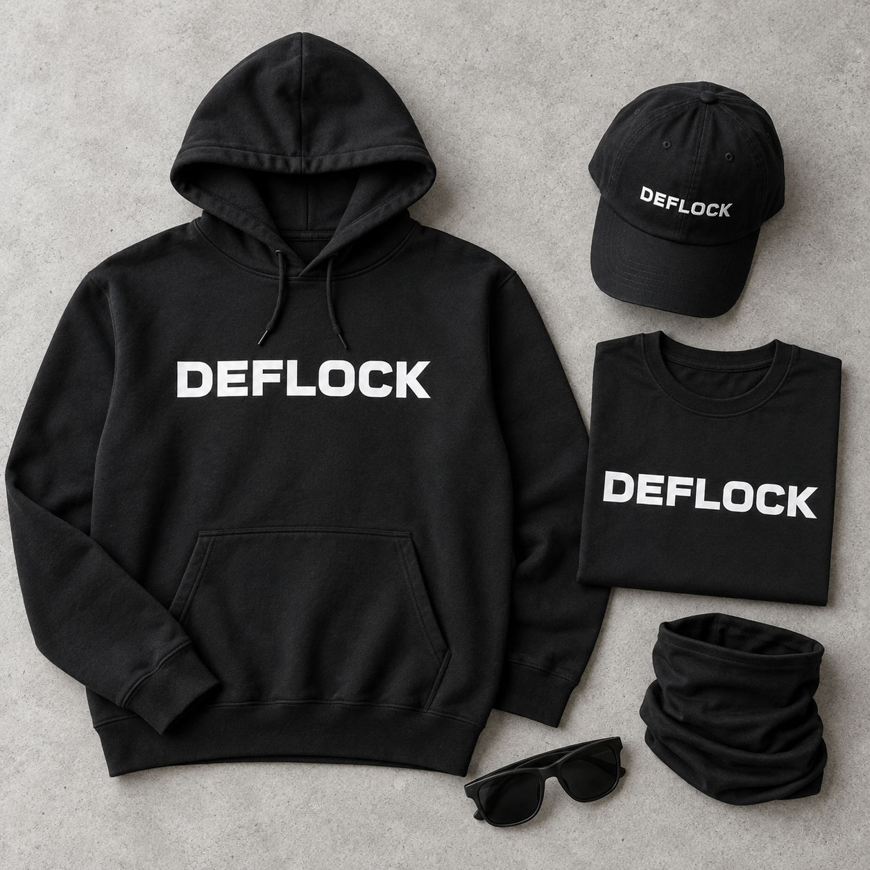 Concept flat lay of a black DEFLOCK hoodie, shirt, hat, face covering, and sunglasses